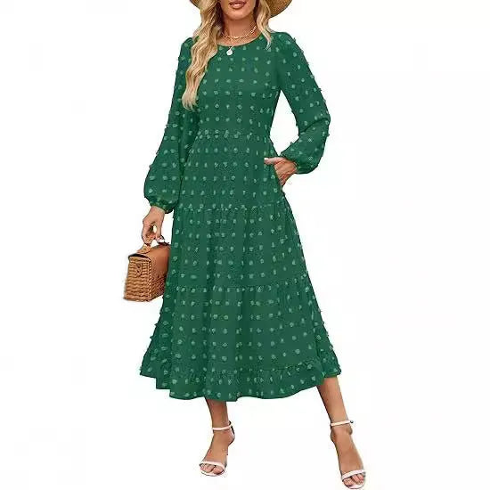 Beige long sleeve casual dress with ruffled sleeves and a high waist on a hanger.