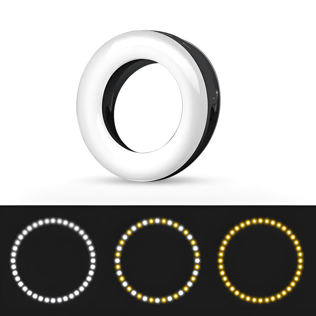 Black portable LED selfie ring light with USB cable for mobile phone photography