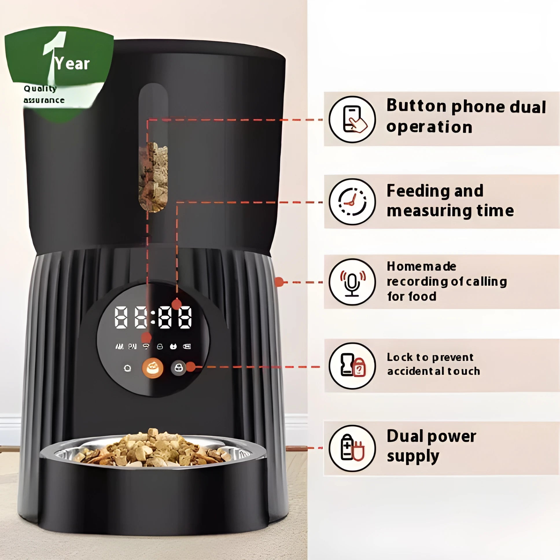 Black automatic pet feeder with digital display and stainless steel bowl on a kitchen floor.