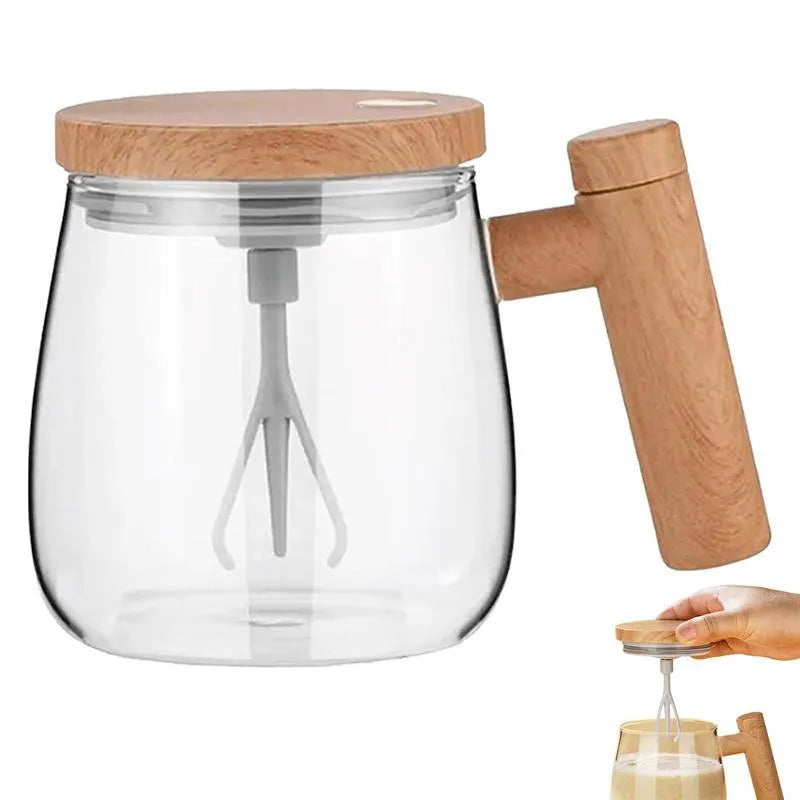 Clear borosilicate glass self-stirring coffee mug with electric base, 400ml capacity.