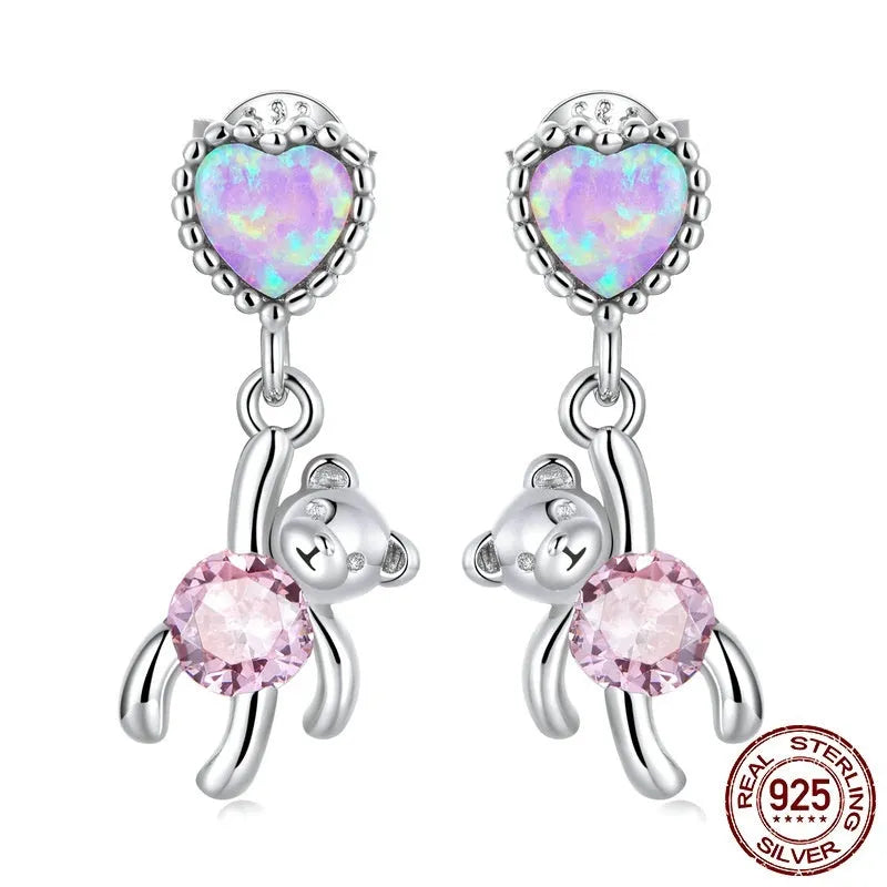 Love bear ear studs made of S925 silver, 1.8cm height, 0.6cm width, niche design for women
