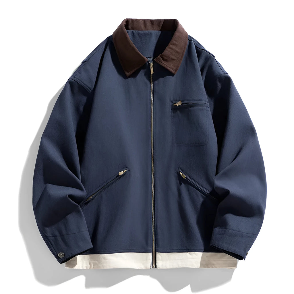 Men's Korean style loose fit casual jacket with contrast colour lapels in polyester fabric