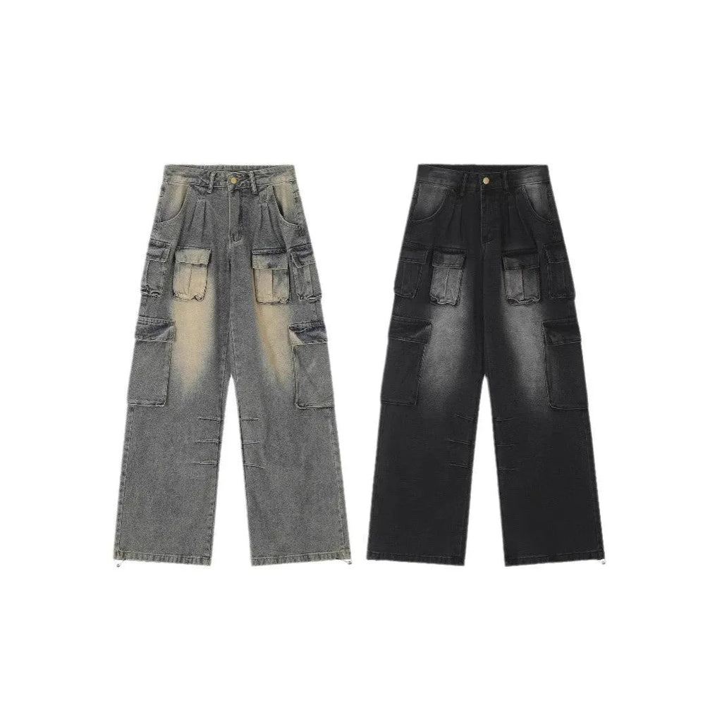 Men's loose fit distressed denim jeans with multiple pockets in light blue or black colours