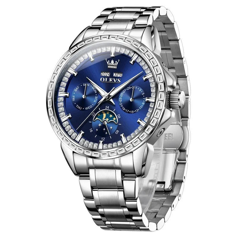 Men's automatic mechanical watch with diamond dial on a stainless steel strap with butterfly buckle.