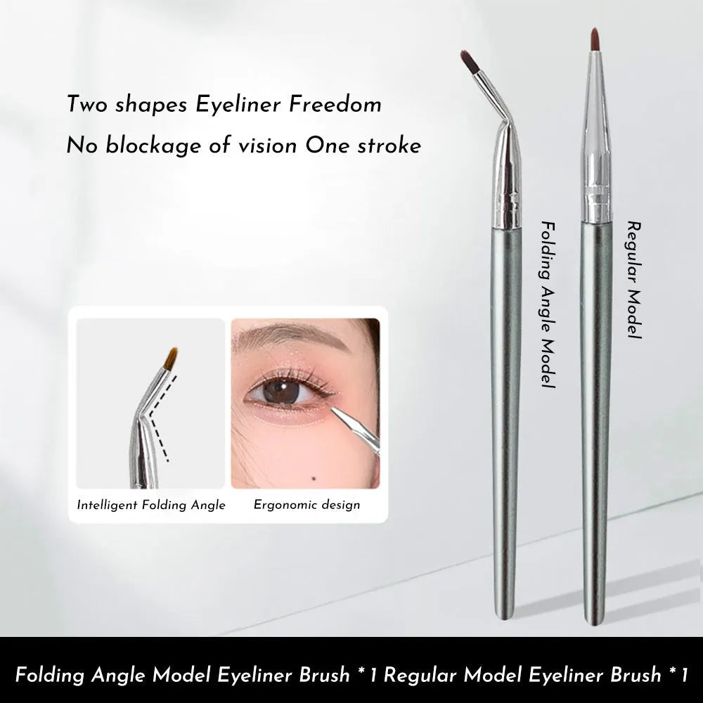 Close-up of a bend head eyeliner brush with a fine tapered tip for detailed eye makeup