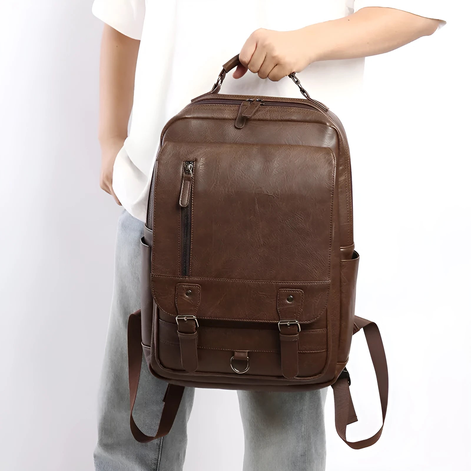Men's casual business backpack in PU leather, solid colour, black - urban simplicity style for travel