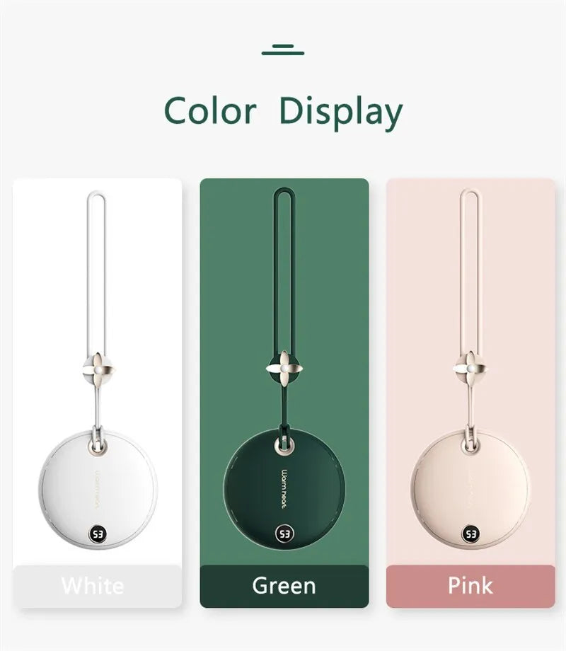 Green portable hand warmer power bank with digital display showing battery level, includes Type-C cable