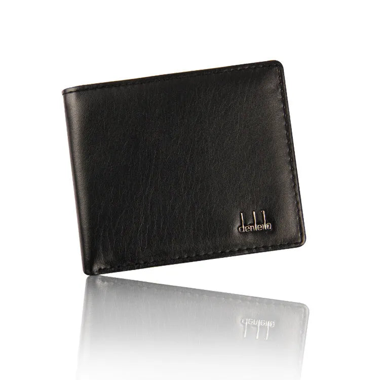 Short PU leather trifold wallet for men in brown, 11.5cm long, with card slots and note pocket