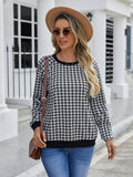 Black pullover sweater with Japanese plaid and printed stripe patterns, long sleeves