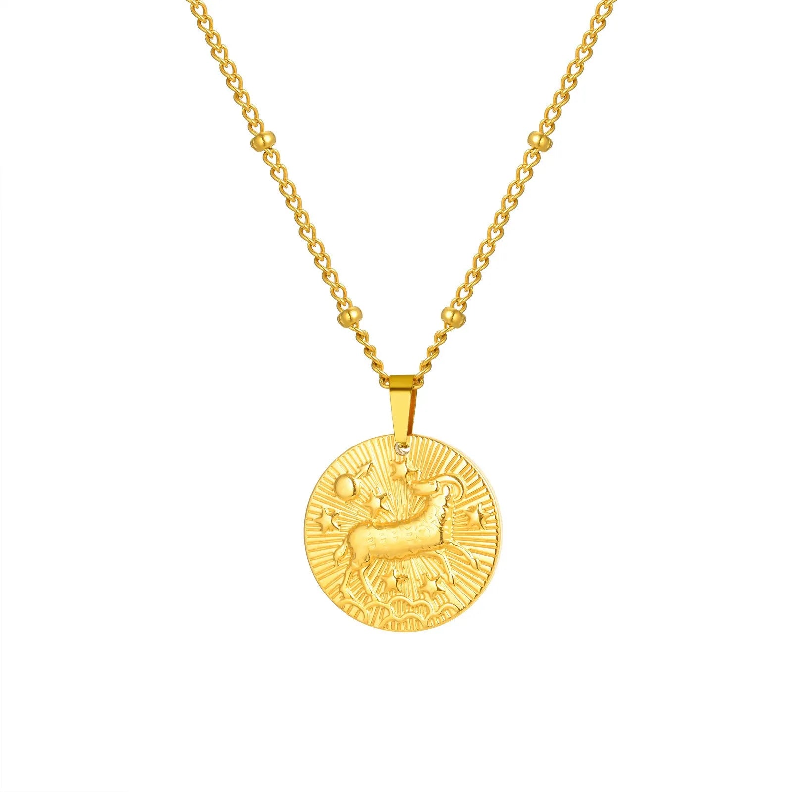 Stainless steel bead necklace with a round pendant embossed with a zodiac constellation, on a cross chain.