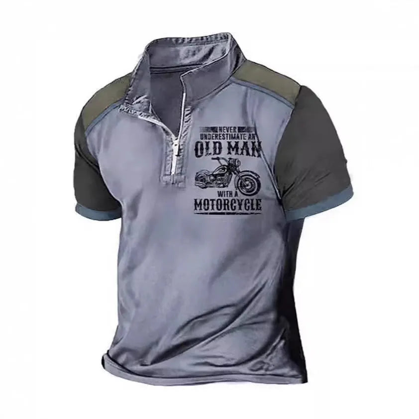 Men's casual polo shirt with digital letter printing, lapel collar, short sleeves, and decorative zippers