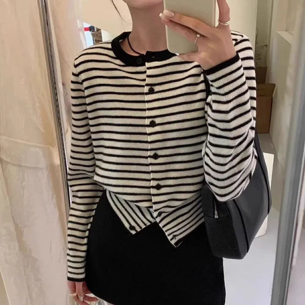 Dark grey and white striped women's cardigan coat with slim fit and short length.