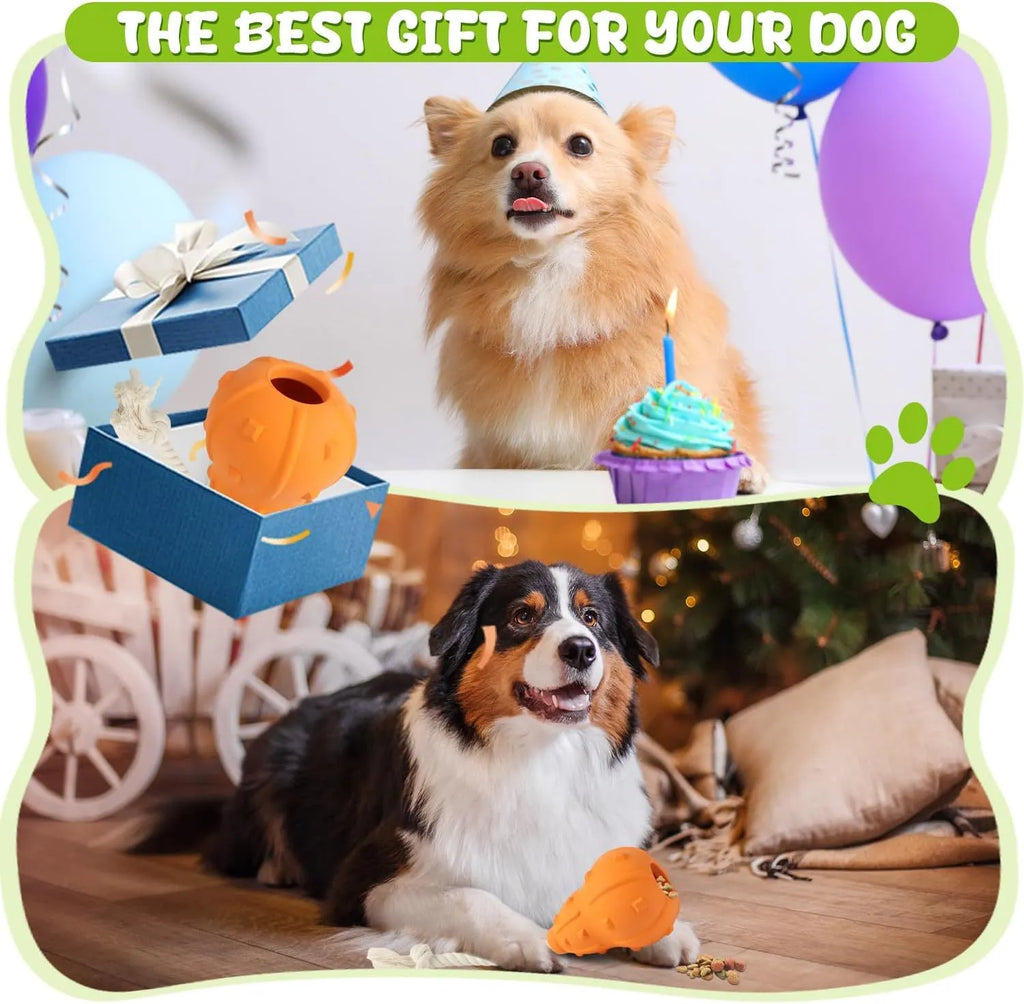 Natural rubber stuffable dog toy with a long strap for fetch and interactive chewing games.