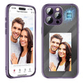 Black and purple iPhone 15 Pro NFC flip phone case with a DIY customisable surface and a closed flip cover.