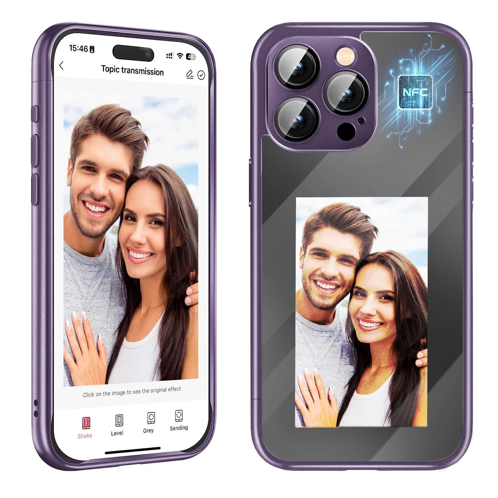 Black and purple iPhone 15 Pro NFC flip phone case with a DIY customisable surface and a closed flip cover.