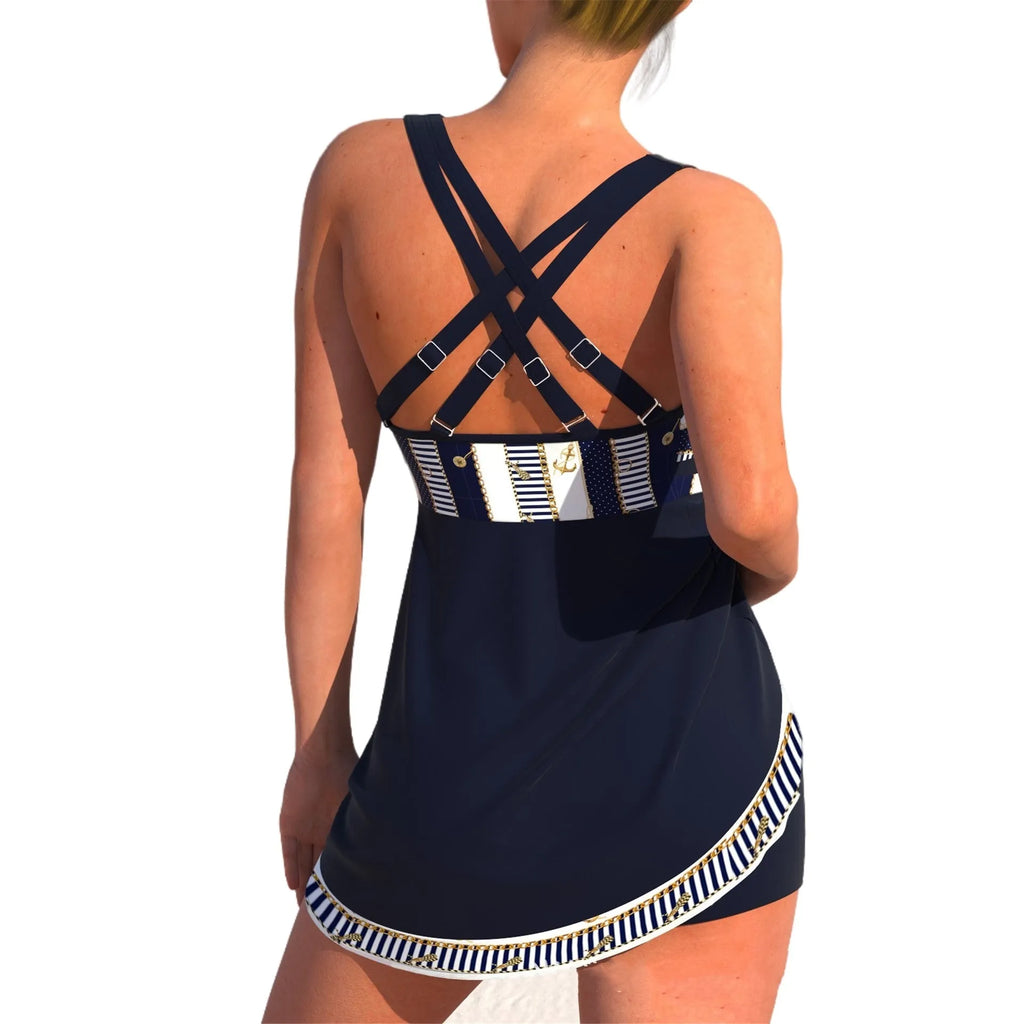 Plus size women's quick-drying polyester swimsuit set in split skirt bikini style with briefs