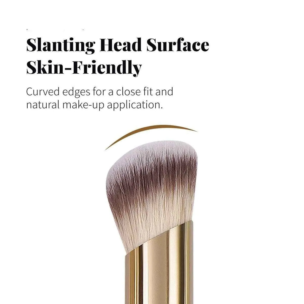Five apricot-coloured makeup brushes including angled blusher brush for cheek application