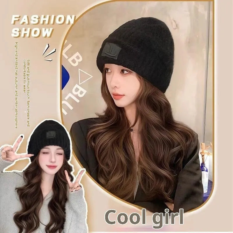 Hat wig for women with integrated cap, large head size, protein filament, big wave style, Brown Black and Cold Brown colours