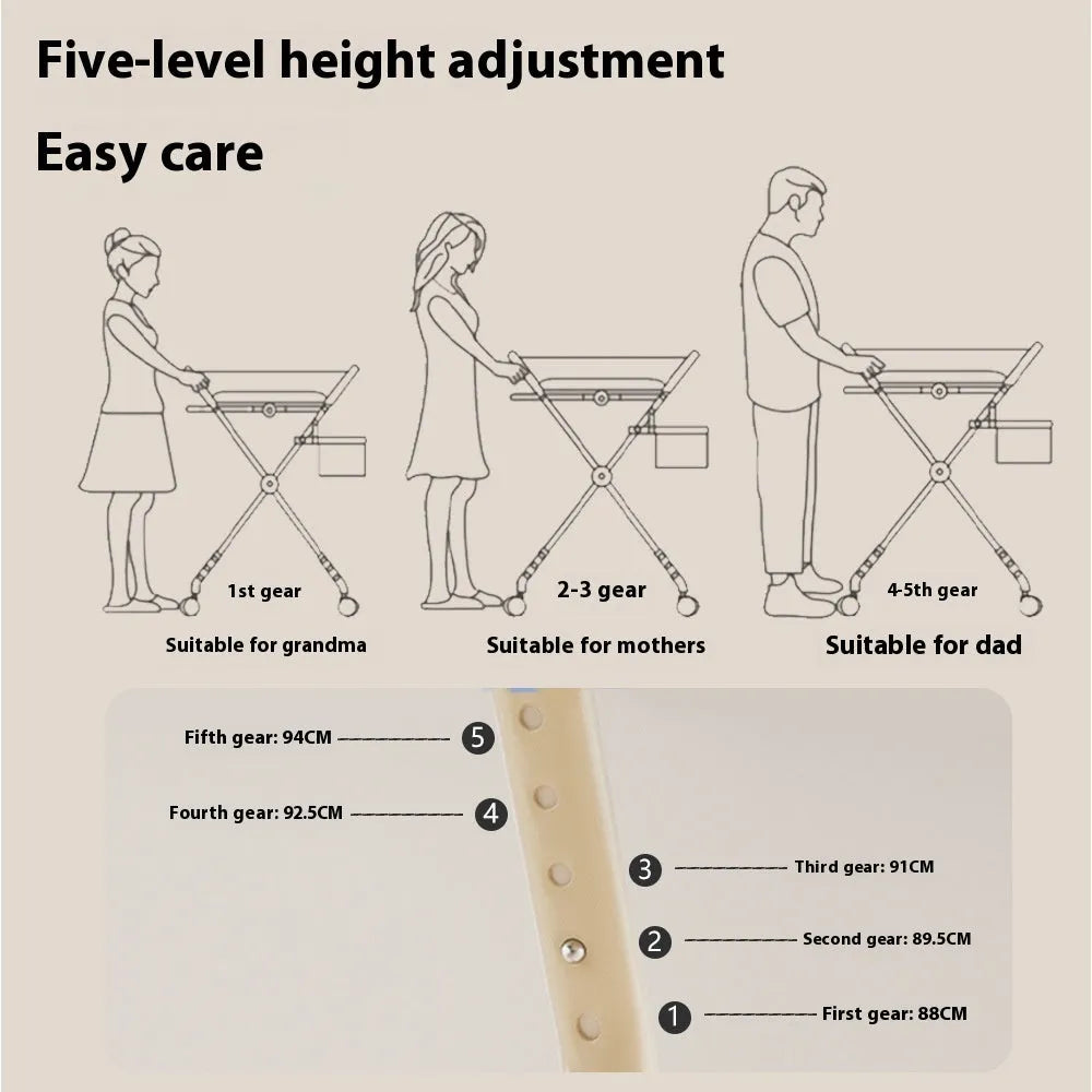 Baby care foldable multifunctional diaper-changing table with safety belt and storage baskets in beige top configuration