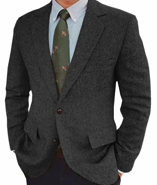 Men's brown herringbone suit jacket with long sleeves and a notch lapel