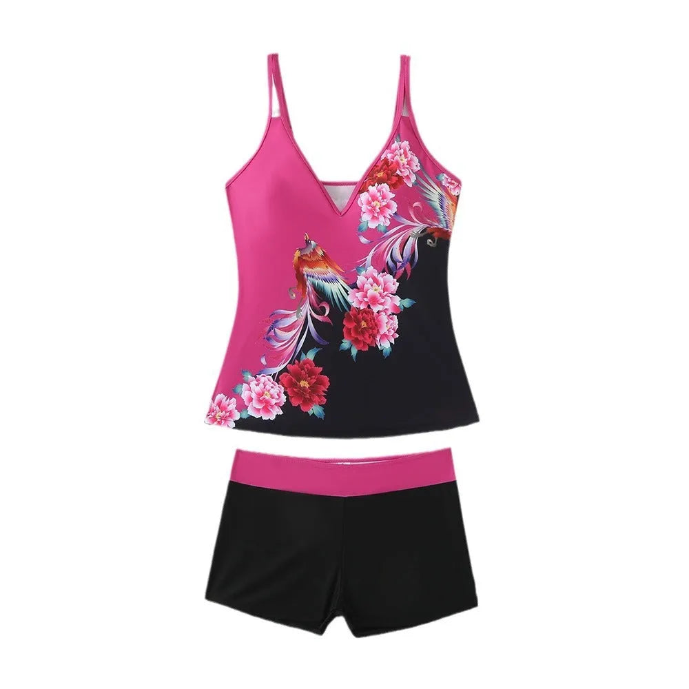 Plus size women's two-piece swimsuit briefs in black or rose red, made from polyester with cotton lining.