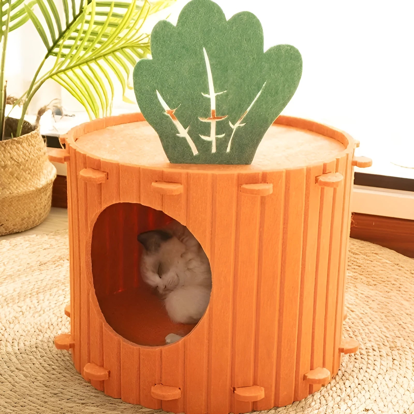 Carrot colour felt cat tunnel nest with semi-enclosed design showing drilled ventilation pattern