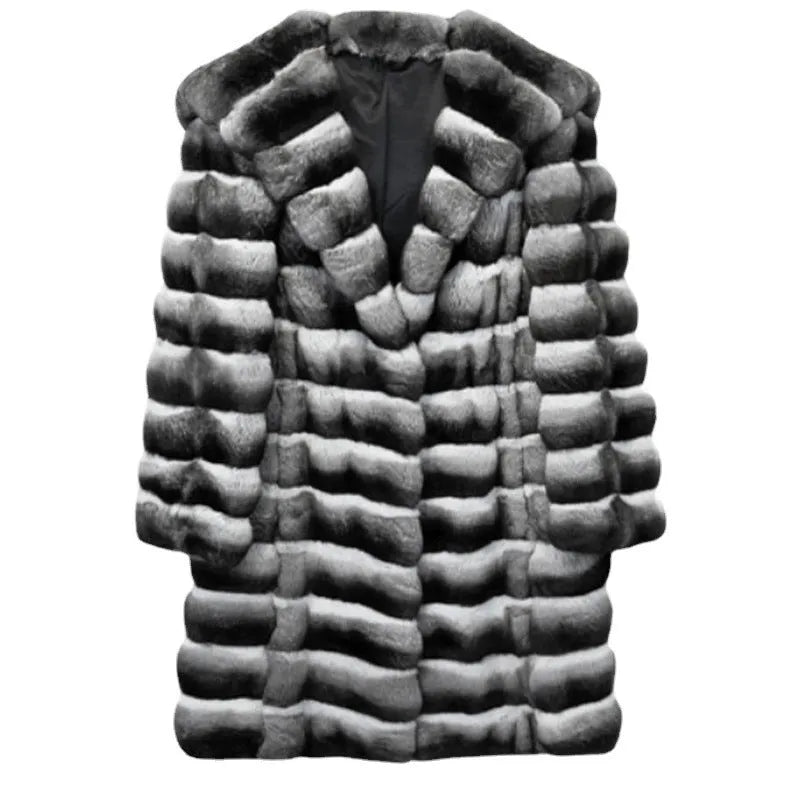 Women's mid-length zebra stripe faux fur overcoat with Japanese Korean casual style