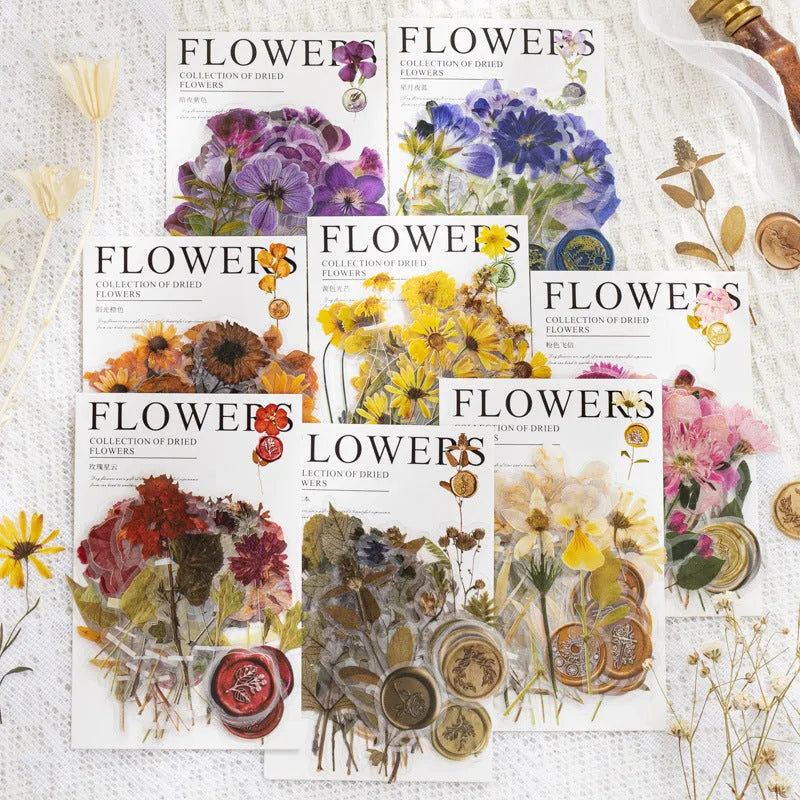 Set of 40 dried flower theme decorative stickers in eight colour styles including purple, blue, orange, and pink.