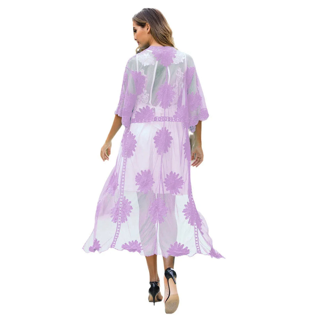 Light purple lace embroidery beach cover-up dress for women, free size.