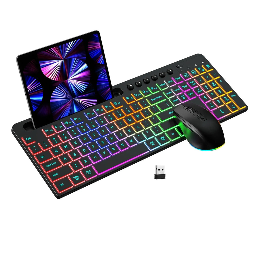 Wireless keyboard and mouse combo set with luminous keys, card slot, and USB receiver on a desk.