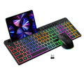Wireless keyboard and mouse combo set with luminous keys, card slot, and USB receiver on a desk.