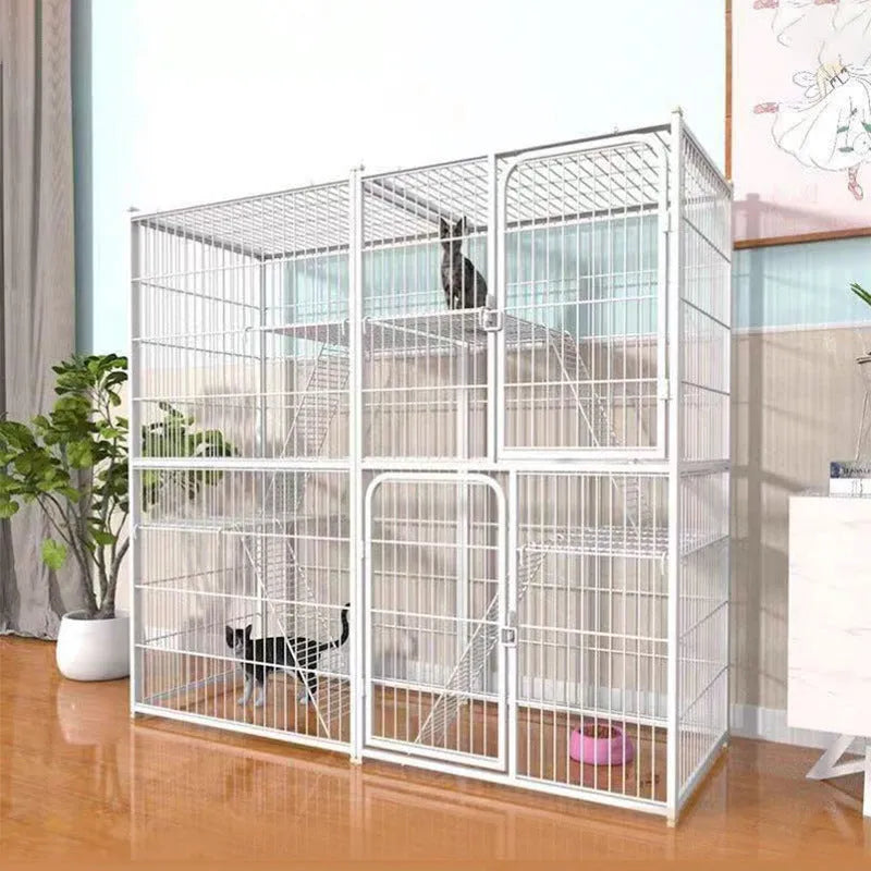 Indoor cat cage three-layer iron construction 142x54x130cm with cat inside white finish
