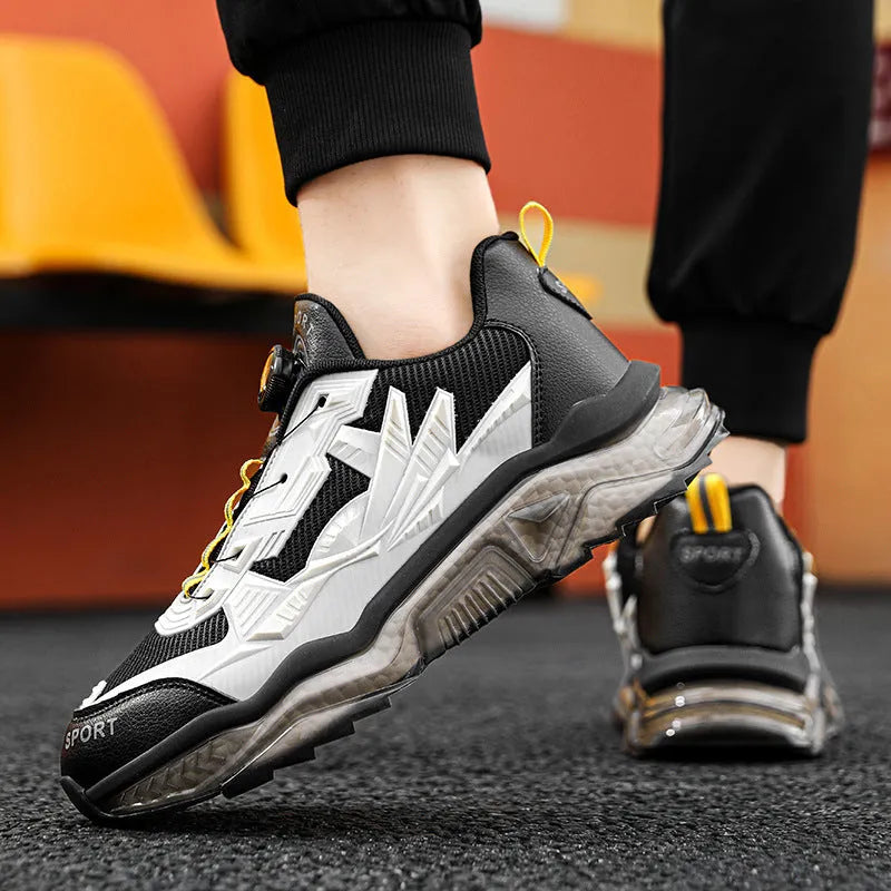 Men's black rotating button casual shoes with mesh upper and platform sole