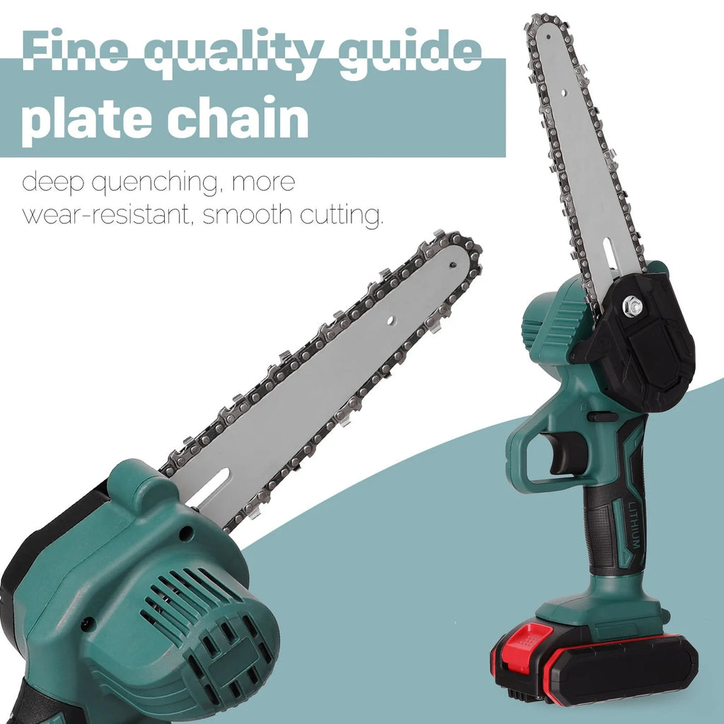 Black one-hand mini electric chainsaw with a 4-inch guide bar on a workbench.