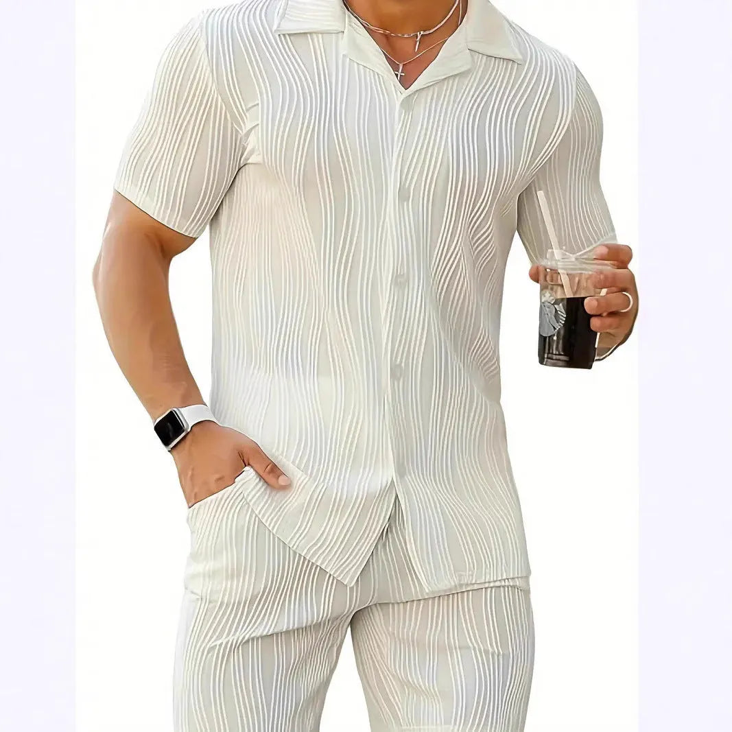 Men's black wave pattern short sleeve shirt and matching shorts casual summer suit