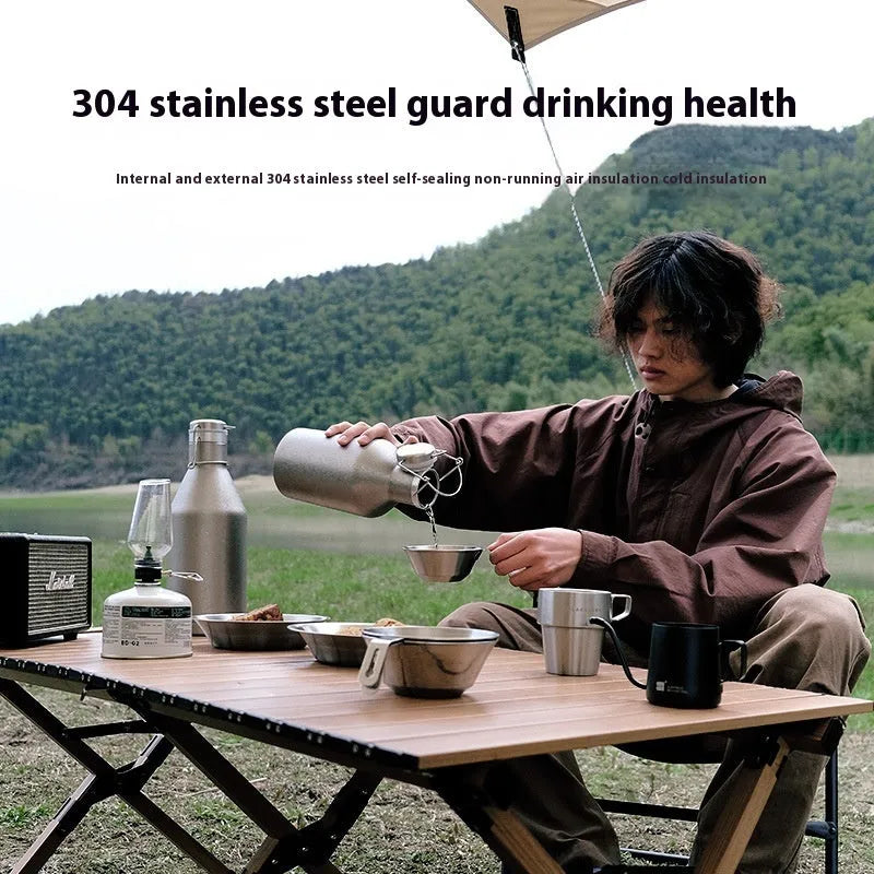 Stainless steel outdoor thermal pot with carrying handle, available in single or double layer insulation options