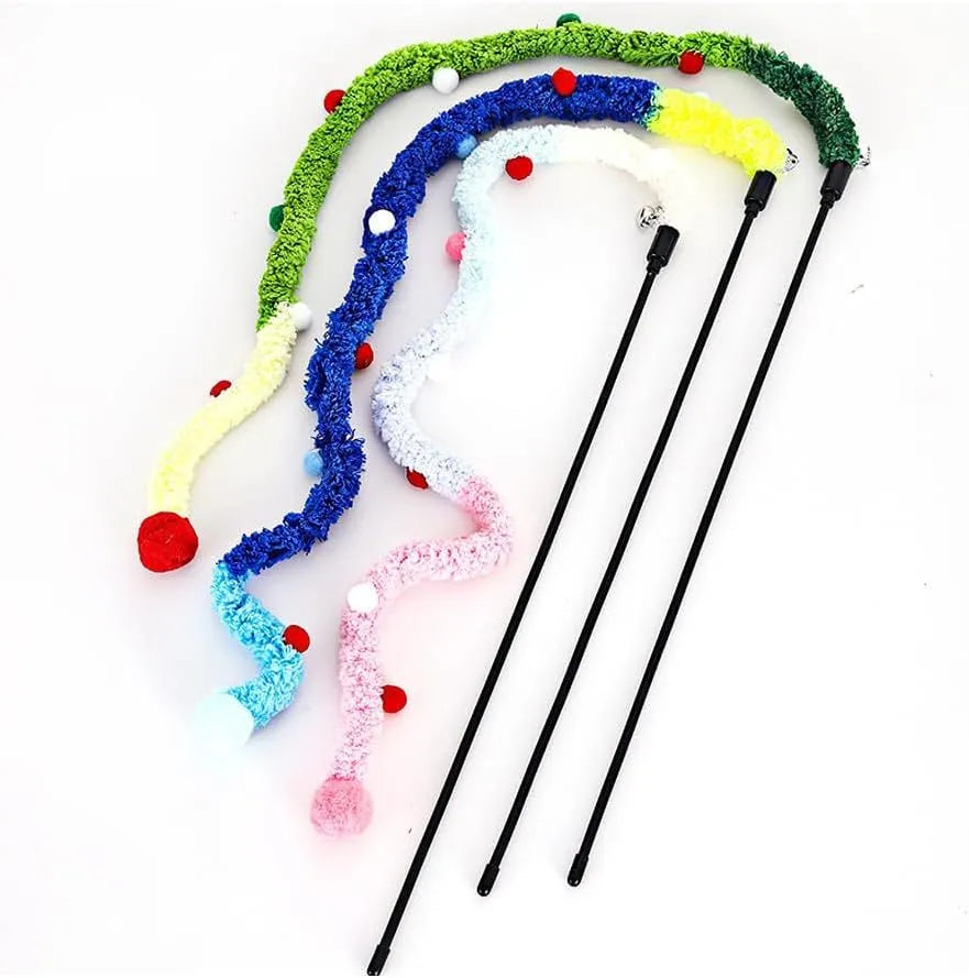 Blue cat wand toy with long plush strip and colourful feather balls attached, held upright.