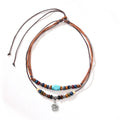 Men's geometric alloy pendant necklace with wooden beads and turquoise wax rope chain