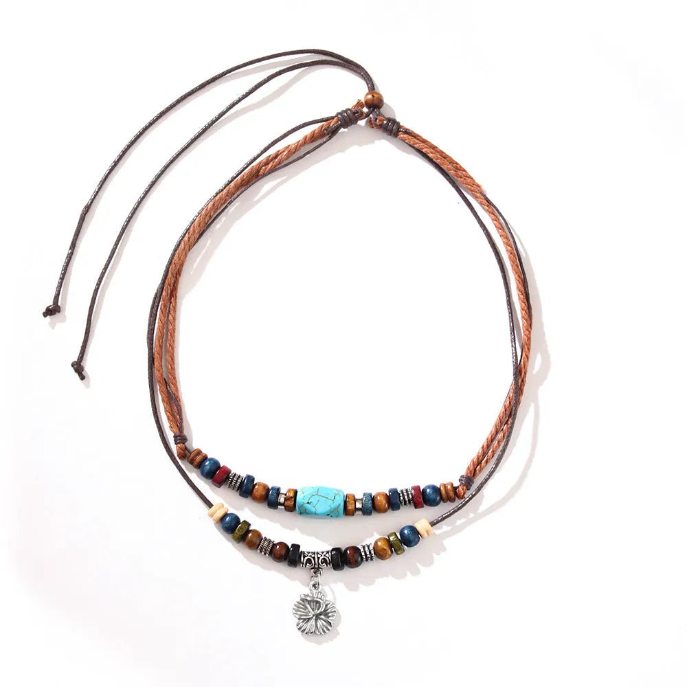 Men's geometric alloy pendant necklace with wooden beads and turquoise wax rope chain