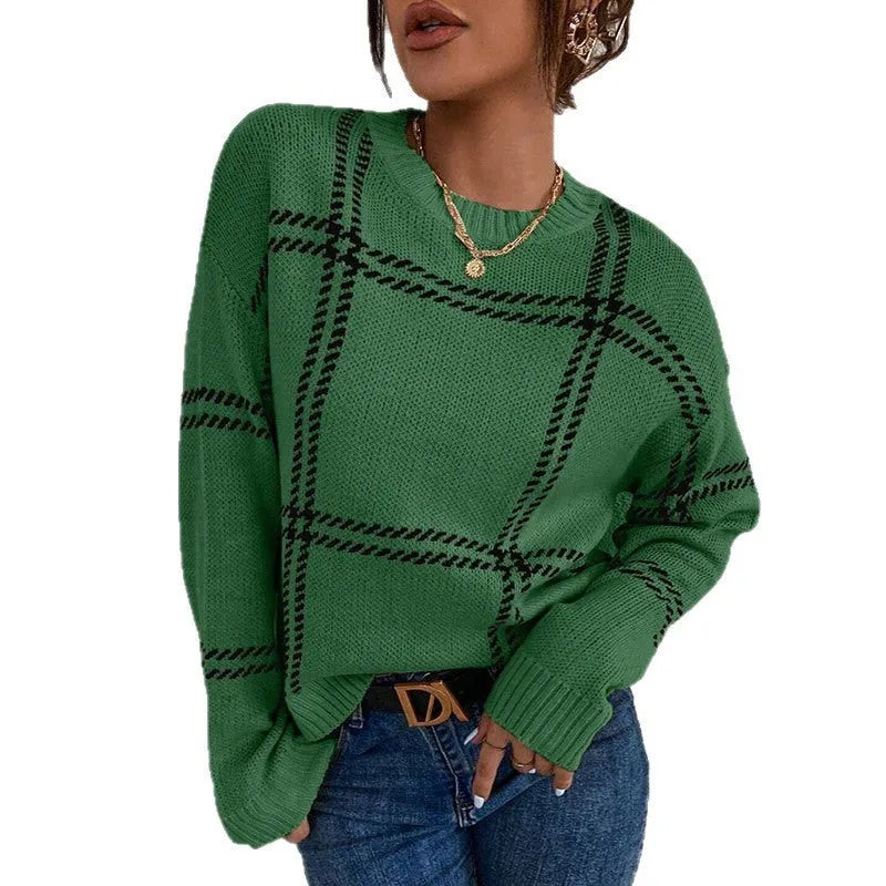 Women's casual plaid colour-block crew neck sweater in acrylic fabric with regular sleeves