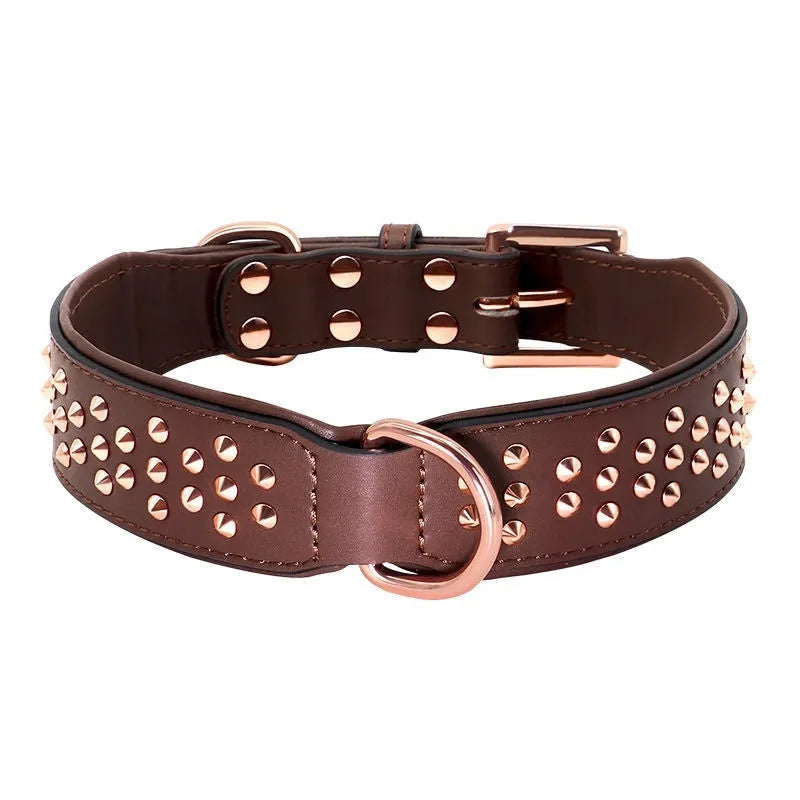 Black leather dog collar with metal rivets and buckle for large adult dogs