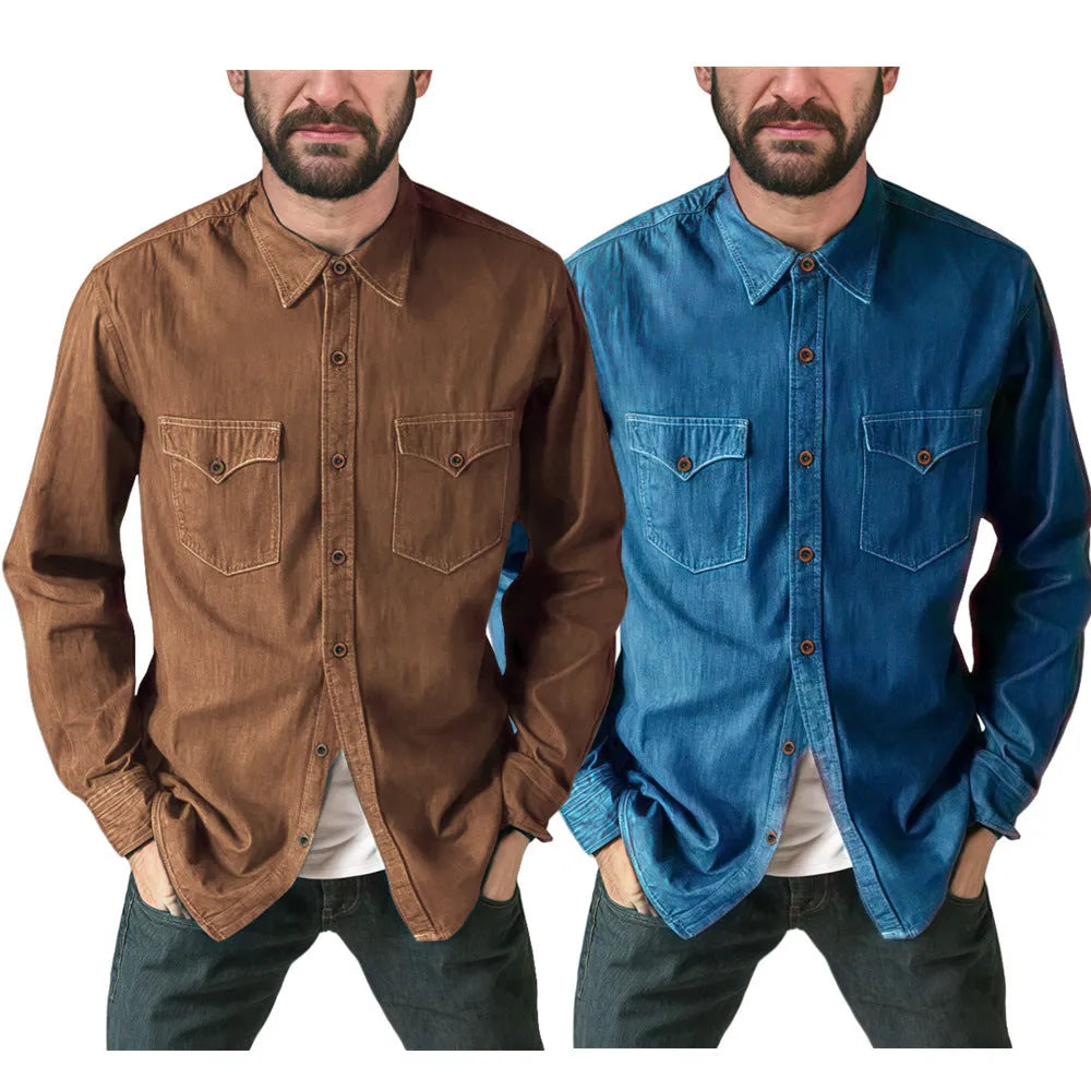 Regular fit cotton denim cardigan coat shown in khaki, available in multiple sizes.