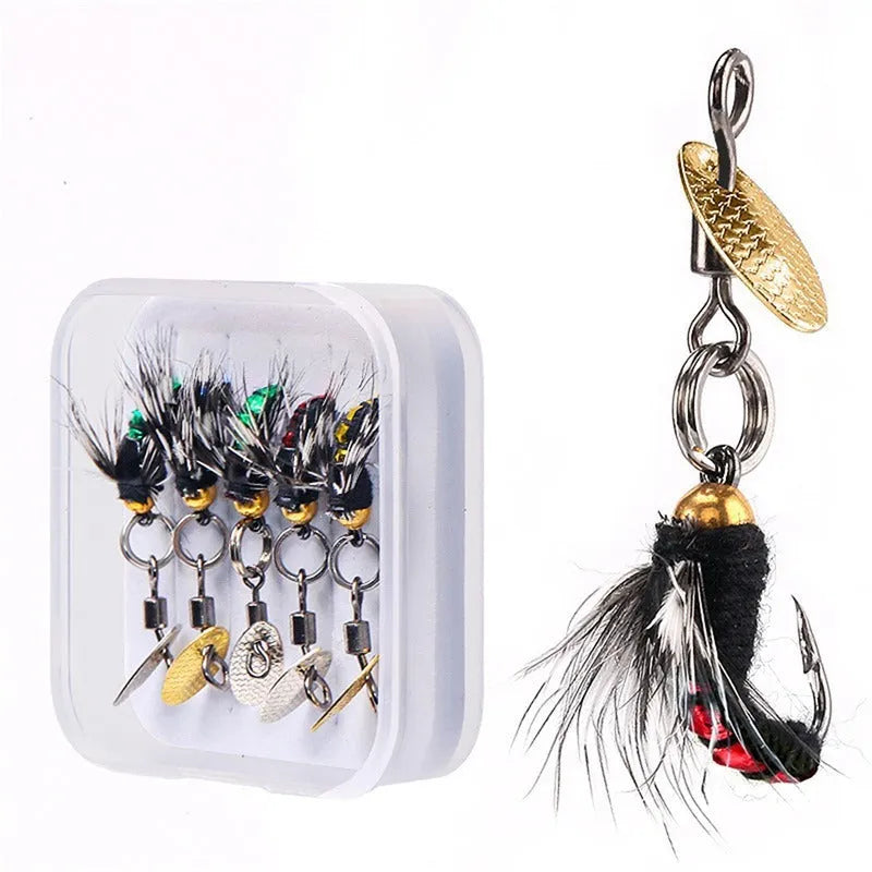 Five bionic poisonous mosquito fishing lures with spinning sequins in multicolour patterns