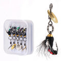 Five bionic poisonous mosquito fishing lures with spinning sequins in multicolour patterns