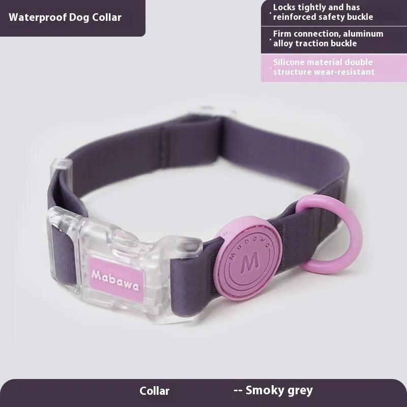 Nylon dog collar and leash set in rose pink, showing clip and length options.