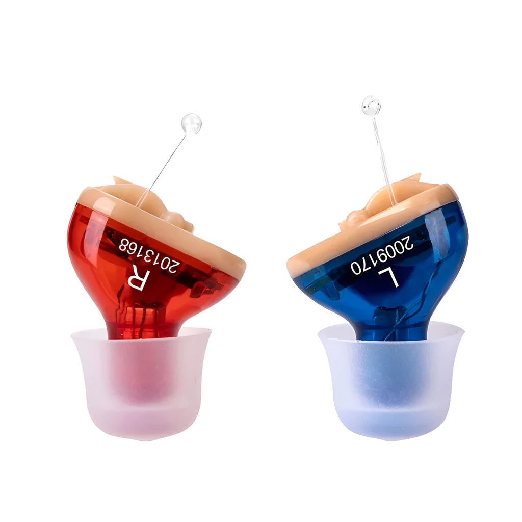 Red and blue Q10 CIC mini hearing aid with accessories including earphones, batteries, and cleaning brush