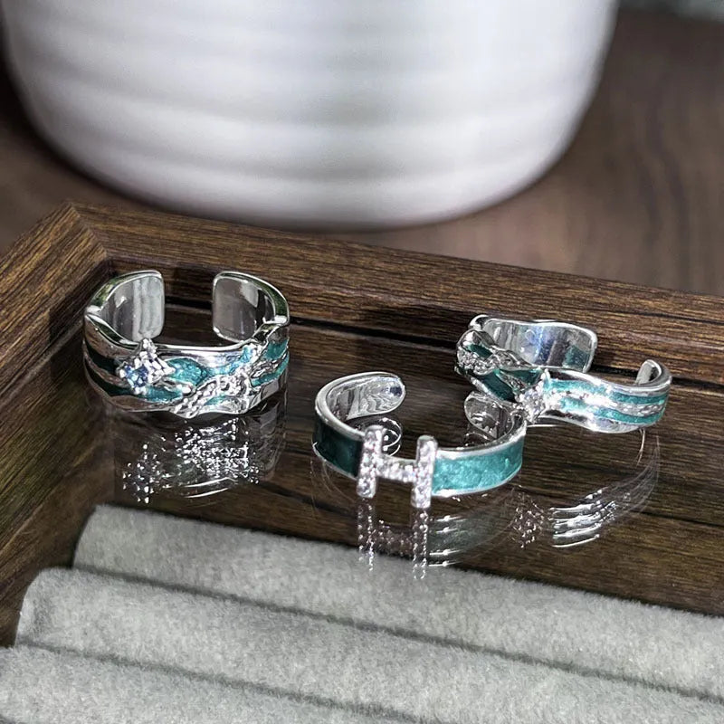 Mint green enamel copper ring with eight-point asterism star pattern and personalised text option