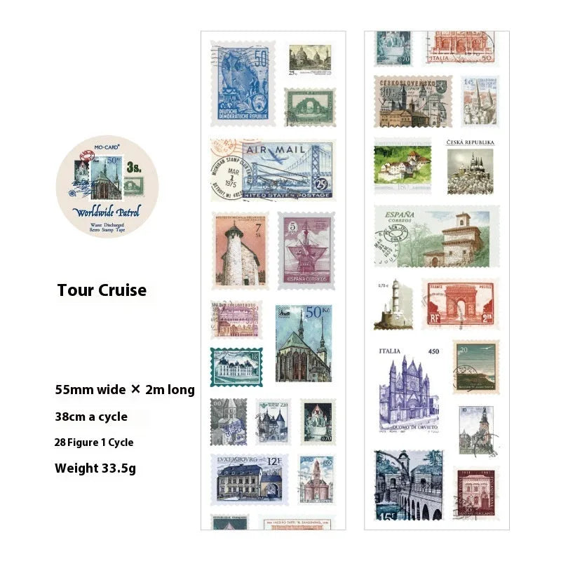 Retro DIY coated paper stamp roll sticker showing decorative designs on 55mm wide, 2m long roll