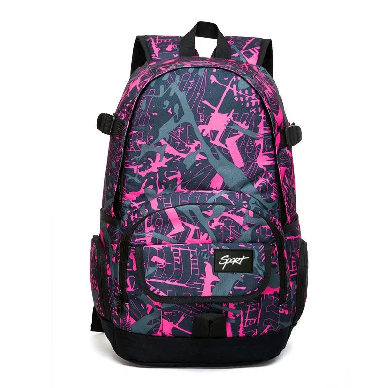Blue classic nylon backpack with multiple pockets open, showing internal organisers and laptop sleeve.