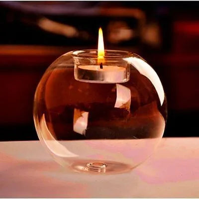 Clear handmade round glass bowl candle holder in three sizes: 10cm, 12cm, and 8cm diameter.